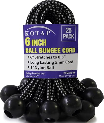 Kotap BB-6B Ball Bungee Cord, Heavy-Duty & Versatile, Indoor & Outdoor, Tarp Tie-Down, Organize & Secure, 6-Inch, Black, 25 Pack - size: 6 Inch, style: 25-Pack