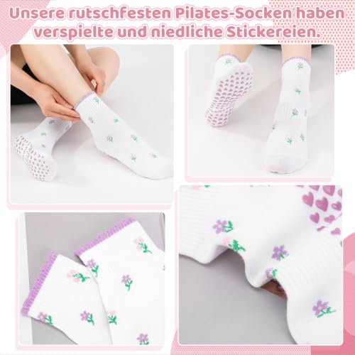 Cute Pilates Socks with Grips for Women Cotton Ruffle Yoga Sock - color: Red+pink+purple