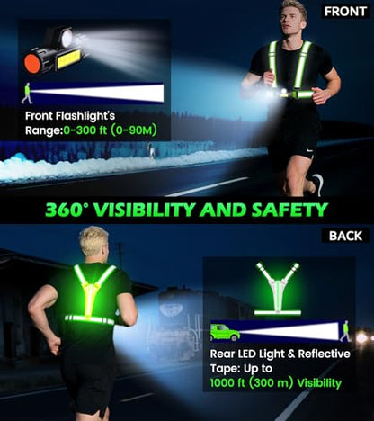 Running Lights for Runners,90°Adjustable LED Reflective Vest Running Gear,Rechargeable Chest Light Up Running Vest Night Walking Safety Gear for Night Walking/Cycling/Jogging - color: Green