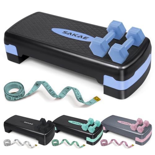 SAKAE Step Aerobics Platform Set with Dumbbells & Measuring Tape, Aerobic Steppers for Exercise at Home, Adjustable Height 2 Level Risers Workout Step Trainer with Non-Slip Surface, Multiple Colors - color: Blue Black