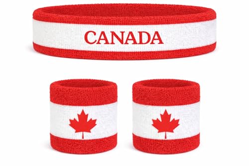 Suddora Country Headband & Wristbands Set (Includes 2 Wrist & 1 Head Sweatband), Highly Moisture Wicking - color: Canada