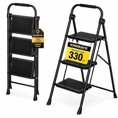 KINGRACK 3 Step Ladder Folding Step Stool with Handrail for Kitchen Black - size: 3-step