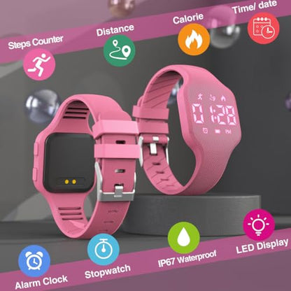 Kids Led Activity Tracker Tracker Watch for Ages 5-15, No App Required, Digital Sport Wristwatch, Waterproof, Pedometer, Alarm Clock, Silicone Strap, for Teens Children Students Boys Girls - color: Pink1