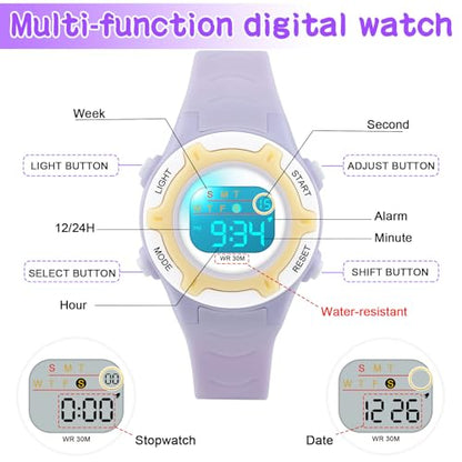 DTKID Digital Kids Watch 30 M Waterproof for Girls Boys 5-16 - color: Light Purple