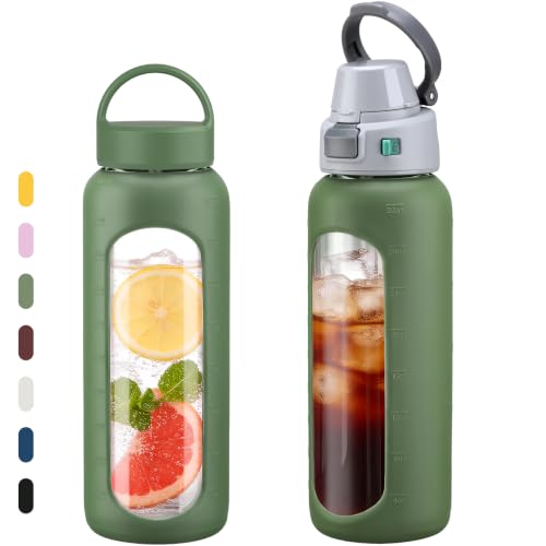 MUKOKO 32oz Glass Water Bottle with Straw, 2 Lids-Staw Lid and Screw Handle Lid, 1 Liter Reusable Drinking Bottle with Time Marker for Sports and Home, Olive - color: Olive, size: 32 Ounces