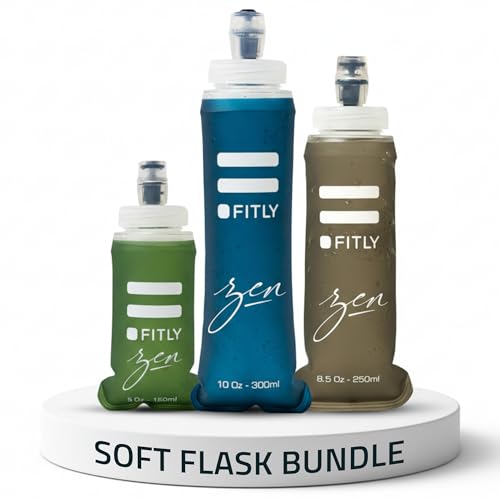 FITLY FLASKS Combo - 3 Handheld Soft Flask, Collapsible Water Bottles for Running, Marathon, Hiking, Cycling (5 oz, 8.5 oz, 13.5 oz / 150-250-400 ml) - color: Zen - Forest Green, Brown, Petrol Blue, style: Modern