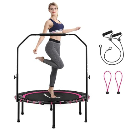 SONGMICS 40 Inches Mini Fitness Trampoline, Fitness Rebounder with Adjustable Handrail, Foldable Trampoline for At-Home Workout, Max. Load 264.6 lb - color: Pink + Black