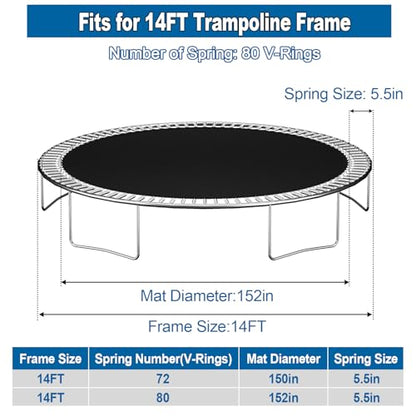 Ketofa 12FT 14FT 15FT Trampoline Mat Replacement, Fits 5.5" Springs 72 80 V-Hooks Round Trampoline Frame,Premium Trampoline Jumping Mat (Excluding Frame and Spring) - size: ‎14FT|152" Wide|80 V-Rings | Fits 5.5" Springs