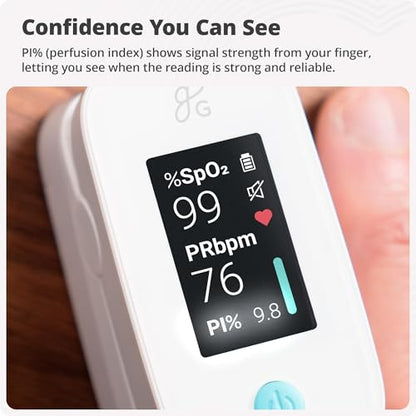 Greater Goods Finger Pulse Oximeter, Blood Oxygen Meter, Measures SpO2, Heart Rate, and PI, Includes Batteries & Lanyard