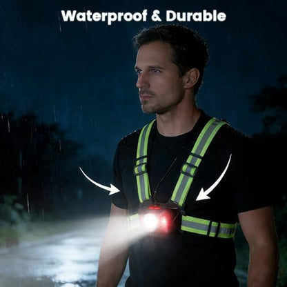 Running Lights for Runners, Waterproof Reflective Vest for Women, Reflective Running Vest with Rear Light, Adjustable 65° Beam & 6 Modes Running Light for Night Walking/Cycling/Jogging/Hiking