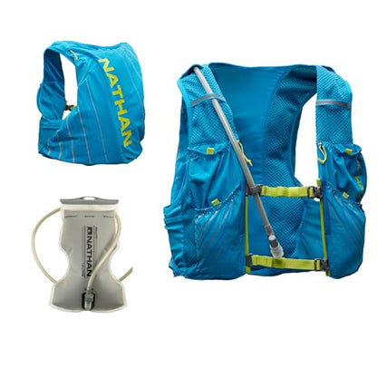 Nathan Men's Pinnacle Race Vest 12L Hydration Pack, 1.6L Water Bladder, Running Vest, Water-Resistant Pockets, Lightweight & Moisture Wicking - color: Blue Me Away / Finish Lime, size: X-Small