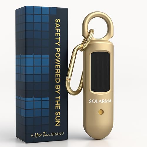 HerTime2 Personal Safety Alarm for Women - Loud Self Defense Siren, Waterproof Keychain with Strobe Light - Solar Rechargeable, Gold - color: Gold, style: Solar Rechargeable