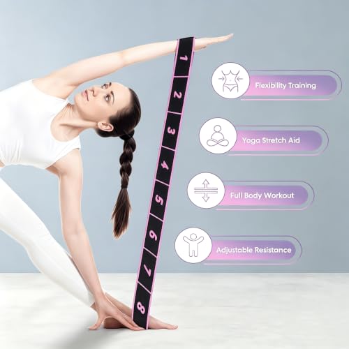 Yoga Stretch Strap with 8 Loops, Pilates Flexibility Strap - color: Purple