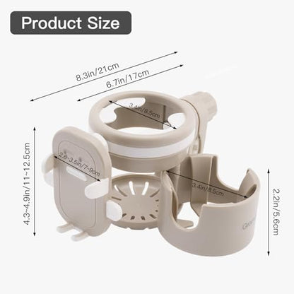 Gromast Universal Stroller Cup Holder with Phone Holder, 3-in-1 Detachable Drink Holder 360° Rotatable, Adjustable Cup Holder for Baby Stroller, Tricycle - Khaki - color: Khaki-4-in-1