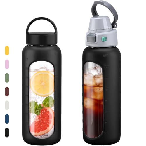 MUKOKO 32oz Glass Water Bottle with Straw, 2 Lids-Staw Lid and Screw Handle Lid, 1 Liter Reusable Drinking Bottle with Time Marker for Sports and Home, Black - color: Black, size: 32 Ounces