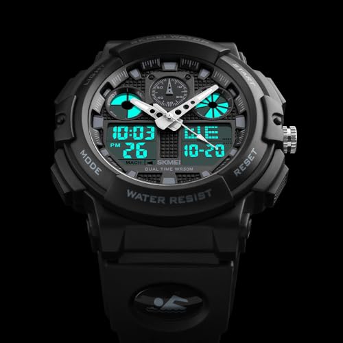MASTOP Men's Digital Analog Sports Military Watches Waterproof Outdoor LED Backlight Display Alarm Stopwatch - color: Black