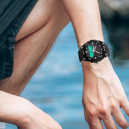 FANMIS Men Sports Outdoor Watch Analog Digital Multifunctional Black Watch - color: Black
