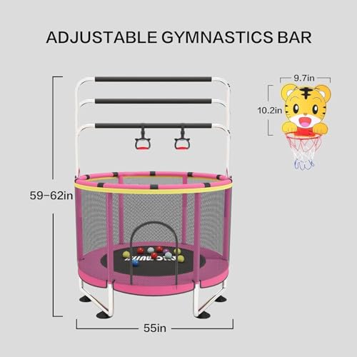 Trampoline for Kids, 55 Inch Adjustable Baby Toddler Trampoline with Basketball Hoop, 440lbs Indoor Outdoor Toddler with Enclosure (Blue) - color: Pink