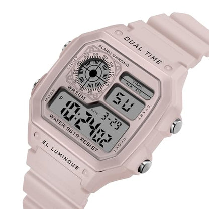 PASOY Men's Digital Sport Watch Waterproof Dual Time Stopwatch Countdown - color: Soft Pink