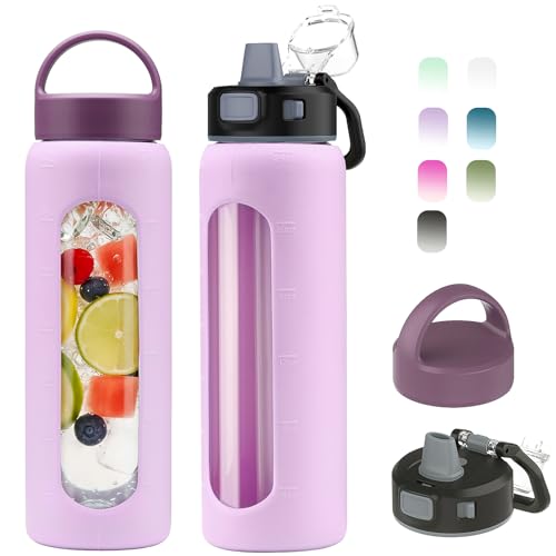 Kodrine 24oz Glass Water Bottle With Straw and 2 Lids, Light Purple - color: Light Purple, size: 24 Ounces