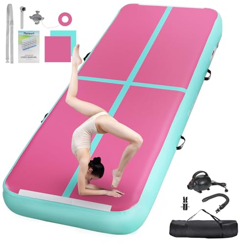 FBSPORT Inflatable Air Gymnastics Mat Training Mats 4/8 inches Thickness Gymnastics Tracks for Home Use/Training/Cheerleading/Yoga/Water with Pump - color: Pink+Green, size: 10ft*3.3ft*4in(3*1*0.1m)
