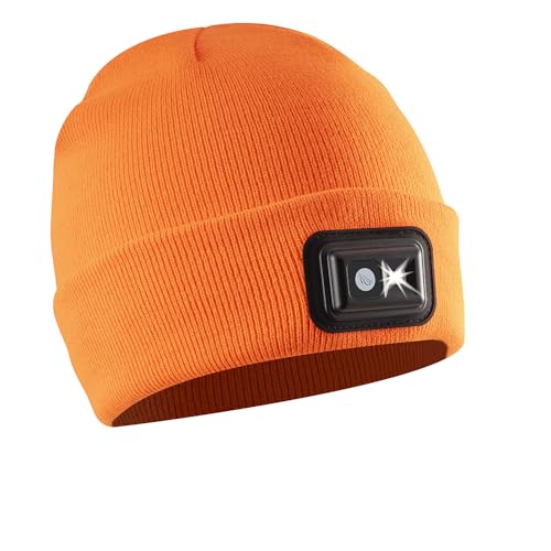 POWERCAP LED Hat Light 150 Lumens Rechargeable Fleece Beanie with Bright Built-in Headlamp Waterproof LED Warm One Size Cap - color: Blaze Orange Knit
