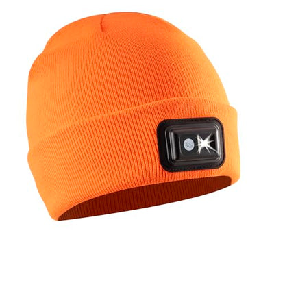 POWERCAP LED Hat Light 150 Lumens Rechargeable Fleece Beanie with Bright Built-in Headlamp Waterproof LED Warm One Size Cap - color: Blaze Orange Knit