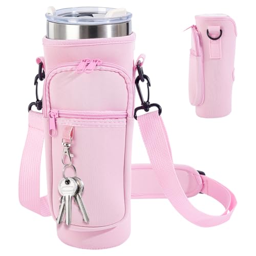 2Pcs Water Bottle Carrier Bag with Phone Pocket Adjustable Strap 40oz Thumbler Neoprene Sports Water Bottle Holder Pouch with 3 Pockets Soft Sponge Padding for Walking Hiking Camping Pink - color: Pink