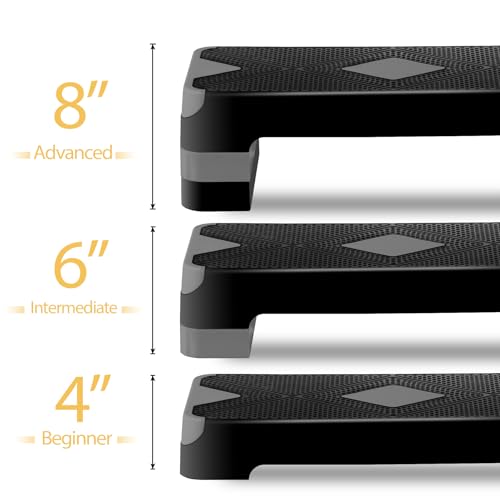 Non-Slip 27 Inch Aerobic Exercise Step Platform 4"-6"-8" Height Adjustable Risers for Home Gym Cardio Training Fitness Workout Stepper Trainer - color: Grey