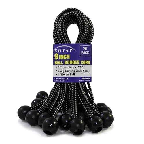 Kotap BB-9B Ball Bungee Cord, Heavy-Duty & Versatile, Indoor & Outdoor, Tarp Tie-Down, Organize & Secure, 9 Inch, Black, 25 Pack - size: 9 Inch, style: 25-Pack