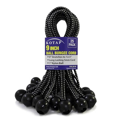 Kotap BB-9B Ball Bungee Cord, Heavy-Duty & Versatile, Indoor & Outdoor, Tarp Tie-Down, Organize & Secure, 9 Inch, Black, 25 Pack - size: 9 Inch, style: 25-Pack