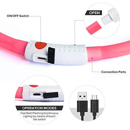 BSEEN Light Up Dog Collar, Silicone LED Pet Collar Rechargeable Glowing Puppy Necklace Safety Dog Lights for Night Walking (Pink) - color: Pink-Standard(70cm)