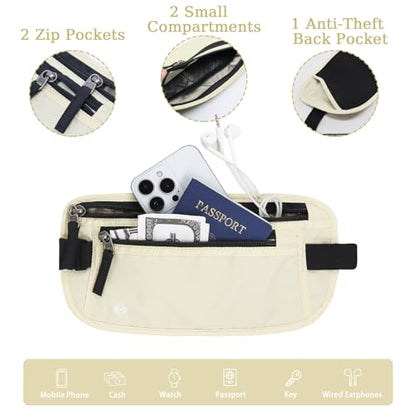 FuninCrea Waterproof Hidden Money Belt for Travel, Anti-Theft Belt Bag with RFID Blocking Function Adjustable Slim Waist Bag with 2 Zipper Pockets and 1 Back Pocket for Travel Running (B, Beige) - color: B, Beige