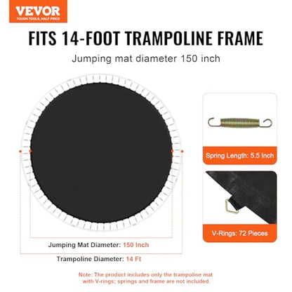 VEVOR Replacement Trampoline Mat, Jumping Mat Fits 12/13/14/15 ft Frame, Universal Jumping Round Trampoline, UV-Resistant Mat with Spring Tool & 72/80/92 V-Rings, Fit 5.5"/6.5"/7" Spring Length - style: 14FT-72 V-rings-Fit 5.5" Spring Length