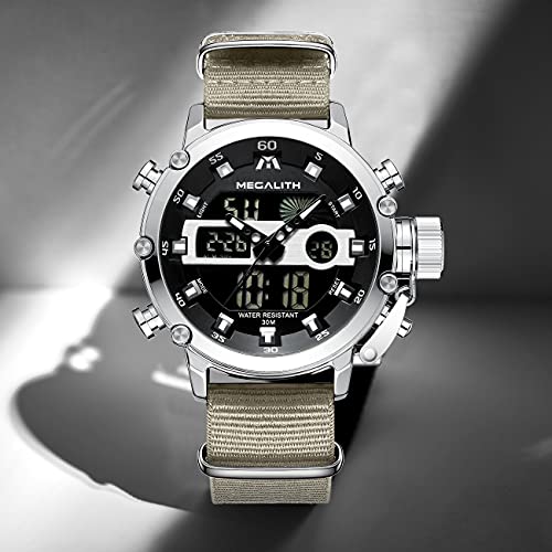 MEGALITH Mens Watches Waterproof Digital Military Sport Tactical Multifunction Heavy Duty Led Rugged Watch for Men, Alarm Stopwatch, Nylon/Leather Strap - color: 8-Khaki