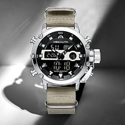 MEGALITH Mens Watches Waterproof Digital Military Sport Tactical Multifunction Heavy Duty Led Rugged Watch for Men, Alarm Stopwatch, Nylon/Leather Strap - color: 8-Khaki