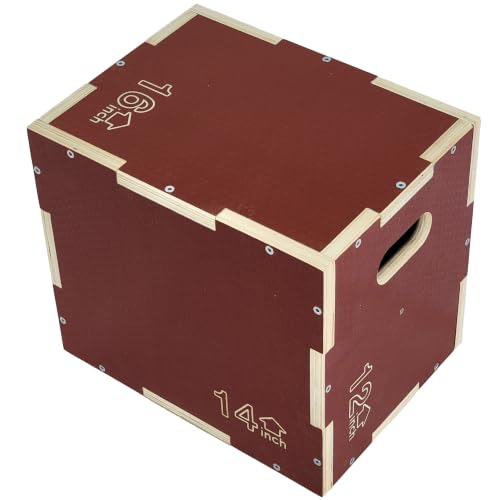 Signature Fitness Non-Slip Wooden Plyo Box Jump Exercise Platform, Plyometric Workout Equipment for Home Gym, Training Step Box, Multiple Sizes - color: Red, size: 12x14x16"