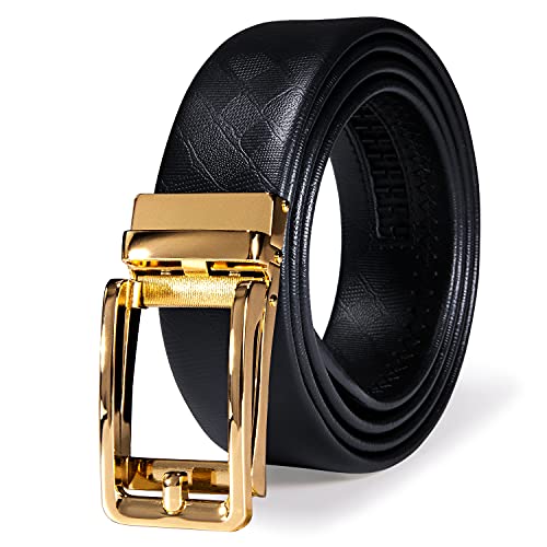 Dubulle Mens Ratchet Belt Gold Click Buckle Adjustable Leather Belts - color: Shiny Gold, size: Adjustable from 44" to 53" Waist