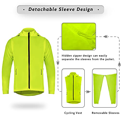 Dooy Men's Cycling Jacket with Detachable Sleeves Windbreaker Jackets Windproof Running Vest Lightweight and High Visibility - color: Yellow, size: XX-Large