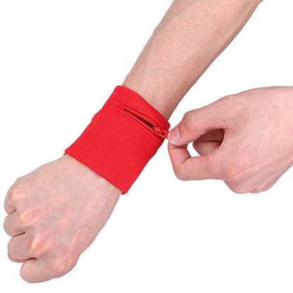 Zipper Wrist Pouch, Cotton Running Armband with Secure Pocket for Keys Cash Phone Fitness Tracker for Jogging Workout Sports (Red)