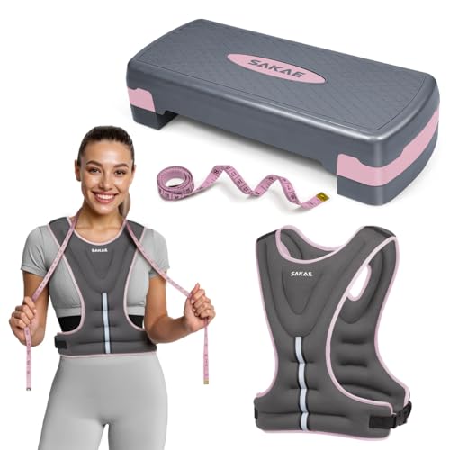 Adjustable Height Aerobic Stepper Set, Multiple Bundle Options with Dumbbells, Kettlebell, Waist Trimmer, Ankle Weights or Weighted Vest, Workout Exercise Step Platform w/Level Risers, 4 Colors - color: Pink Grey, size: e. W/ Weighted Vest
