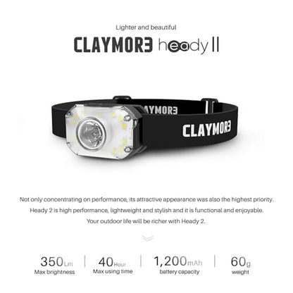 Claymore HEADY2 Black - Ultra-Lightweight LED Headlamp, 350LM Super Bright Headlight with Rechargeable Battery, Compact Waterproof Headband Flahlight for Camping, Hiking, Trail Running - color: Heady2 (Black)