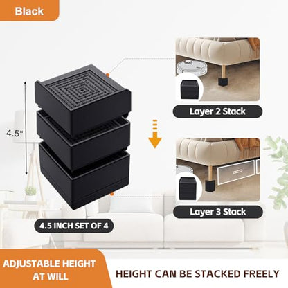 Bed Risers, Furniture Risers 4 inch, Heavy Duty Raise Blocks for Bed Couch Desk Sofa Table, 2/3/4 inch Adjustable Lifters Support up to 1300 Lbs (Black, 4 Pack Set)