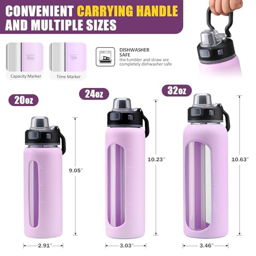 Kodrine 20oz Glass Water Bottle with Straw and 2 Lids Leakproof, Light Purple - color: Light Purple, size: 20 Ounces