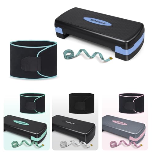 SAKAE Aerobic Step Platform Set with Waist Trimmer & Measuring Tape, Exercise Steppers for Home Exercise Fitness, Adjustable Height 2 Level Risers Workout Step Platform Trainer, Multiple Colors - color: Blue