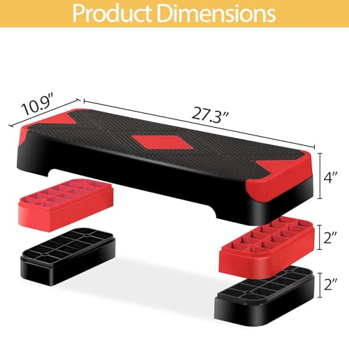 F2C 26.5 Inches Step Aerobics Stepper Platform with 3 Risers, Home Gym Workout Equipment, Fitness Exercise Equipment, Exercise Workout Stepper - color: Red