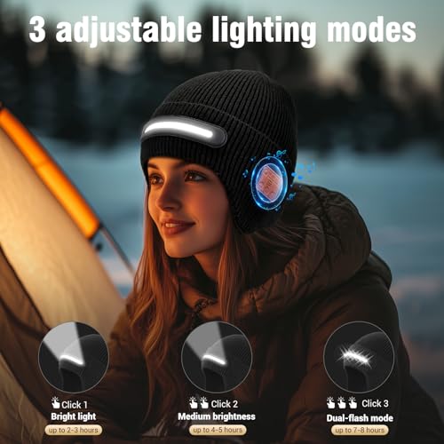 Bluetooth Beanie with Light, HD Stereo Sound and 230° Wide Beam Light for Fishing Hiking & Working, Stocking Stuffers - color: White Led Strip