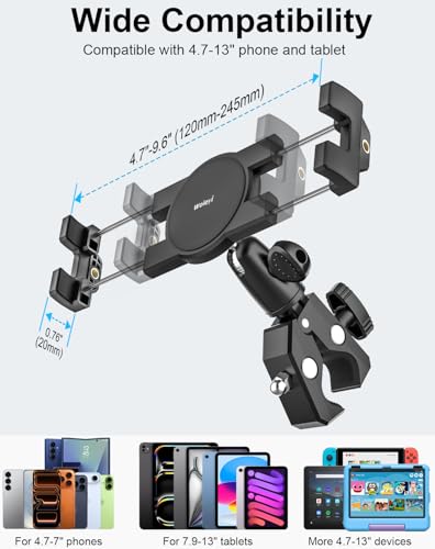 Aluminum Spin Bike Tablet Mount, Handlebar Clamp Tablet Holder for Exercise Bicycle, Indoor Treadmill, Stationary Bike for iPad Pro Air Mini, Galaxy Tab, Z Fold, iPhone, Fire, e-Books, 4.7-13" Devices
