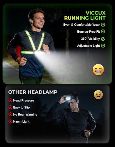Viccux 800LM Ultra Bright & 7+2 Modes Running Lights for Runners with Rear Light, 45° Beam & 360° Reflective Vest, IPX4 Waterproof Reflective Running Vest for Night Walking/Jogging, 4-25Hrs Runtime