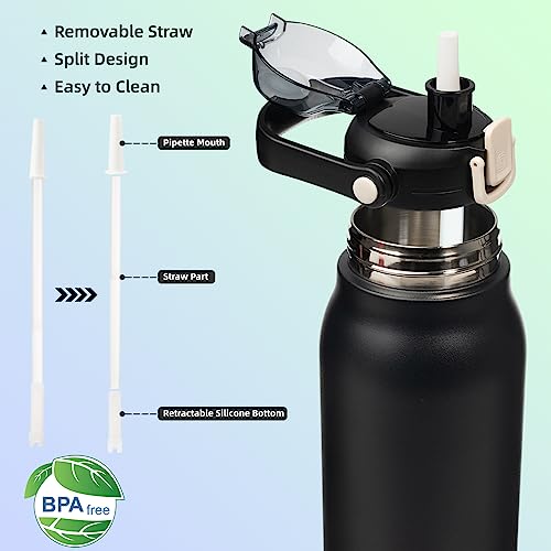 BJPKPK 45oz Insulated Water Bottle with Straw Lid, Stainless Steel Bottle - color: 45 oz Black, size: 45 Ounces